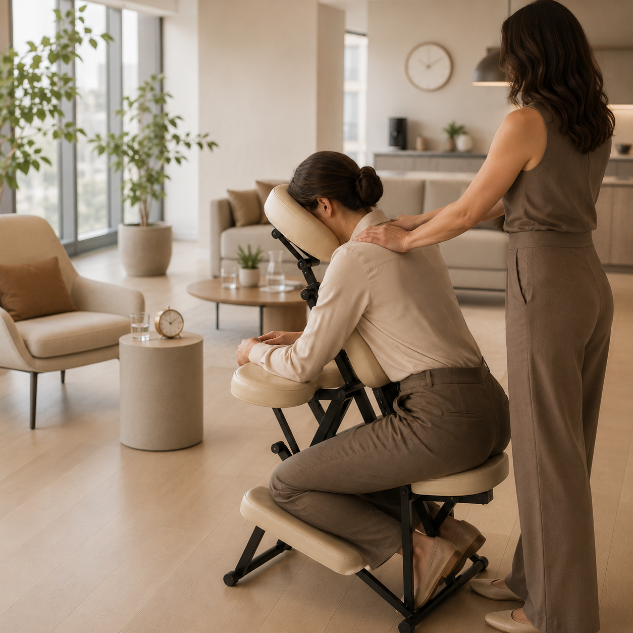Chair massage session in progress, therapist working on a seated client's shoulders
