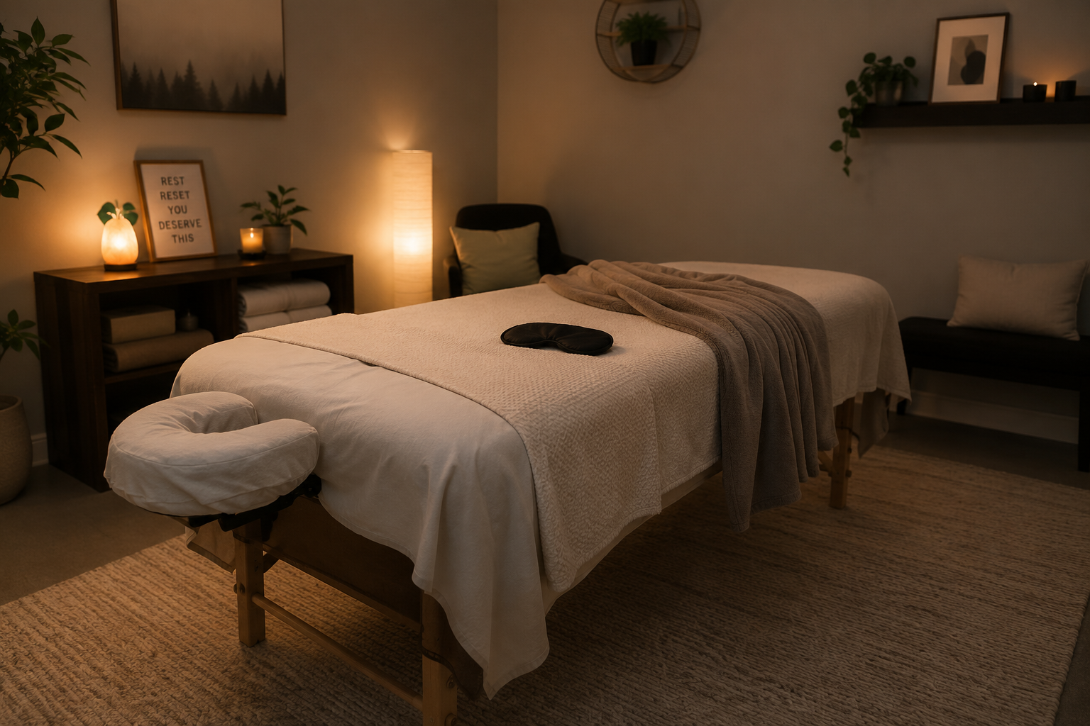 Dimly lit massage room with a sleep mask resting on the table