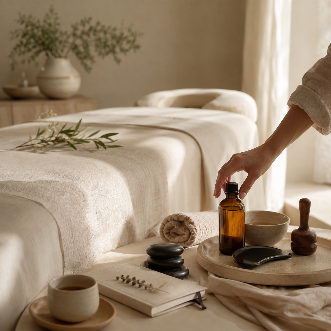Massage oil, hot stones, and gua sha tools arranged on a tray