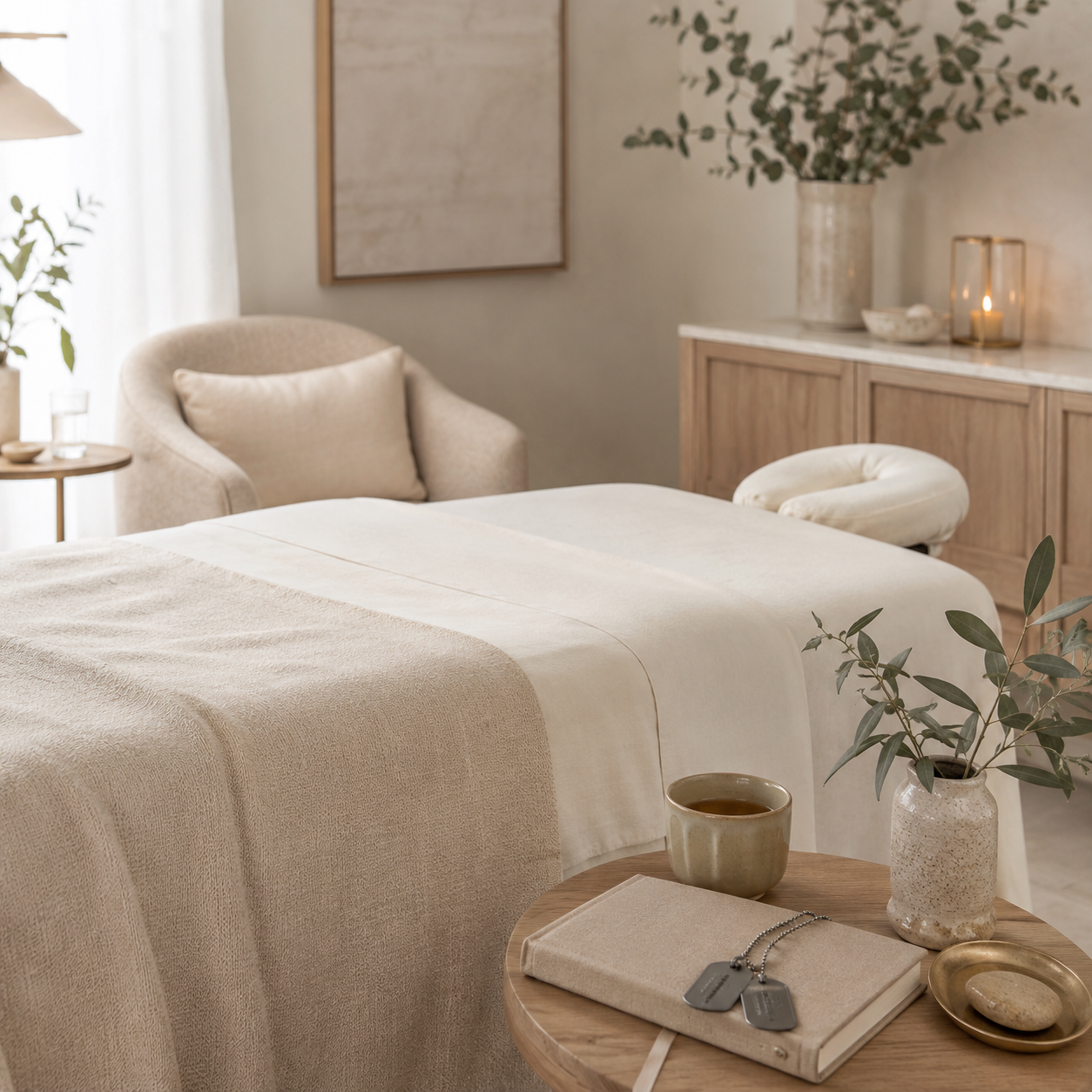 Serene massage studio with dog tags on the side table